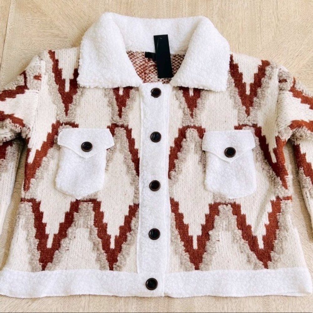 Aztec Print Knit Oversized Cardigan Geo Print Textured 3D Sherpa Trim Coat - Picture 5 of 6
